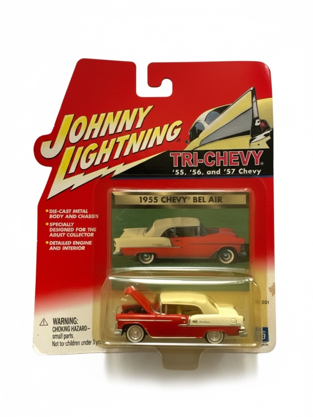 Johnny Lightning Tri-Chevy 1955 Chevy Bel Air Convertible Diecast Car Red White